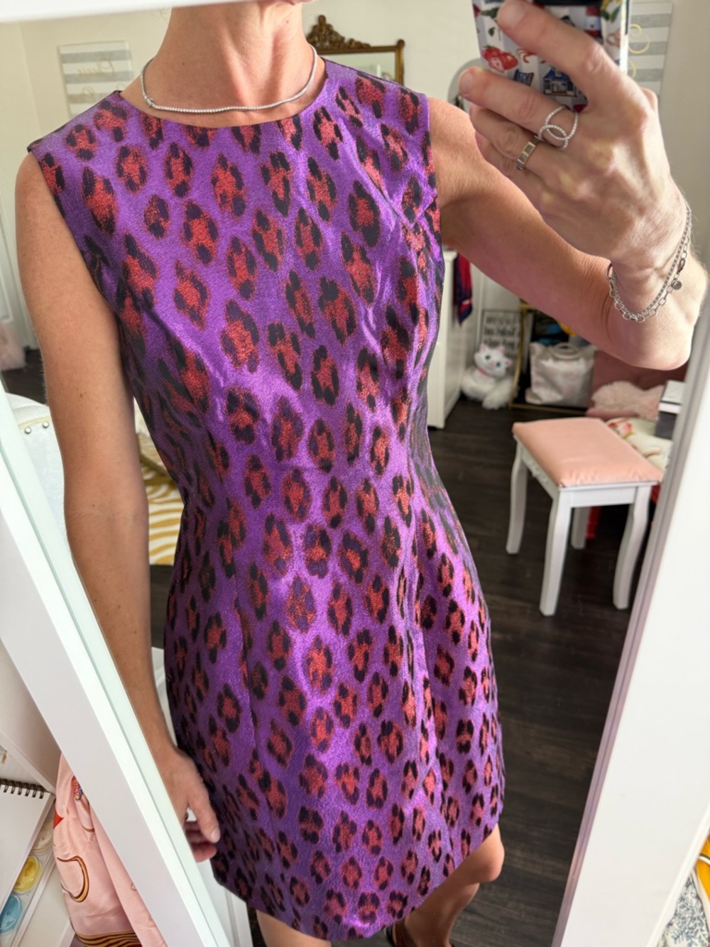 French Connection Purple Leopard Print Dress Metallic Sheath Mini Bodycon Size 4